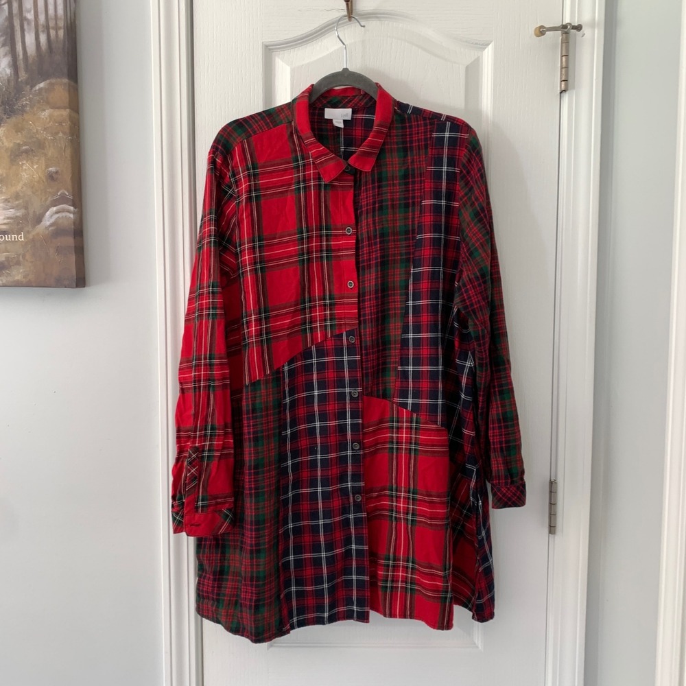 J. Jill Patchwork Plaid Button Down Tunic Shirt R… - image 1